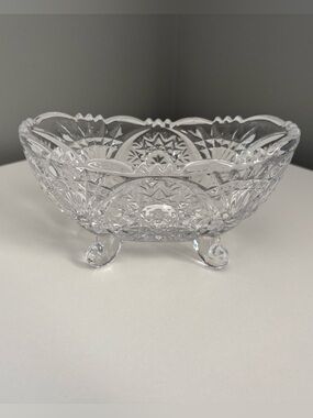 Vintage Anna Hutte Bleikristall Lead Crystal Footed Oblong Bowl Snowflake Floral